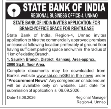 State Bank of India Invites Application for Branch/Office Space for Rent/Lease