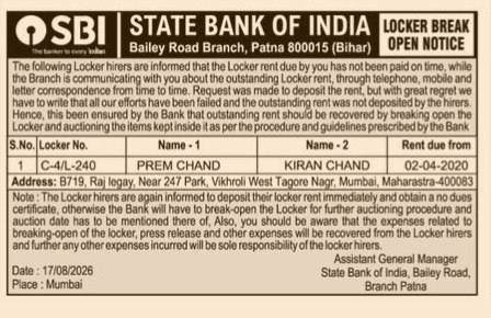 State Bank of India Public Notice for Breaking Open Unpaid Locker