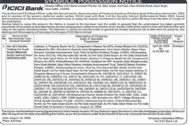 Symbolic Possession Notice issued by ICICI Bank.