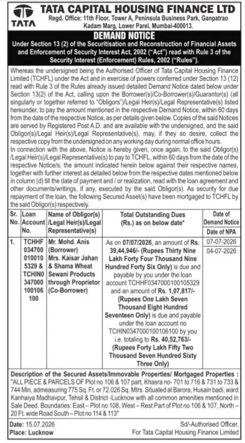 Tata Capital Housing Finance Ltd Demand Notice