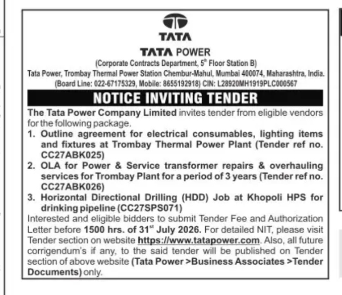 Tata Power Notice Inviting Tender (July 2026)