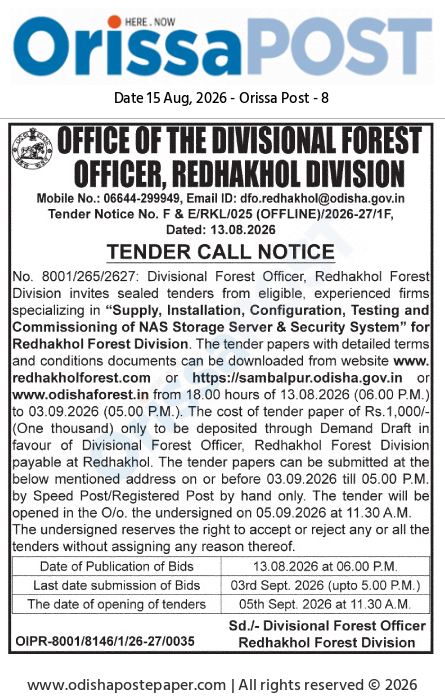 Tender Call Notice for NAS Storage Server & Security System (Redhakhol Division)