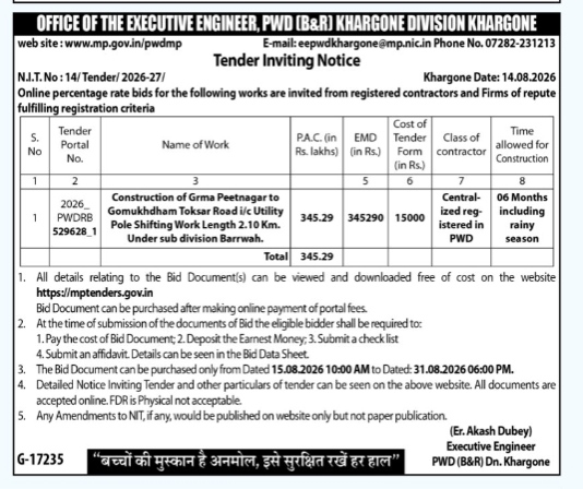 Tender Notice for Road Construction and Utility Pole Shifting in Khargone