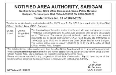 Tender Notice No. 01 of 2026-2027 – Notified Area Authority, Sarigam