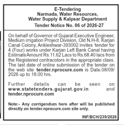 Tender Notice No. 06 of 2026-27 for Karjan Left Bank Canal Works