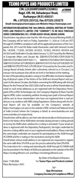 Texmo Pipes and Products Limited regarding its upcoming 18th Annual General Meeting (AGM).