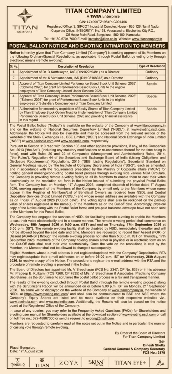 Titan Company Limited Postal Ballot Notice 2026