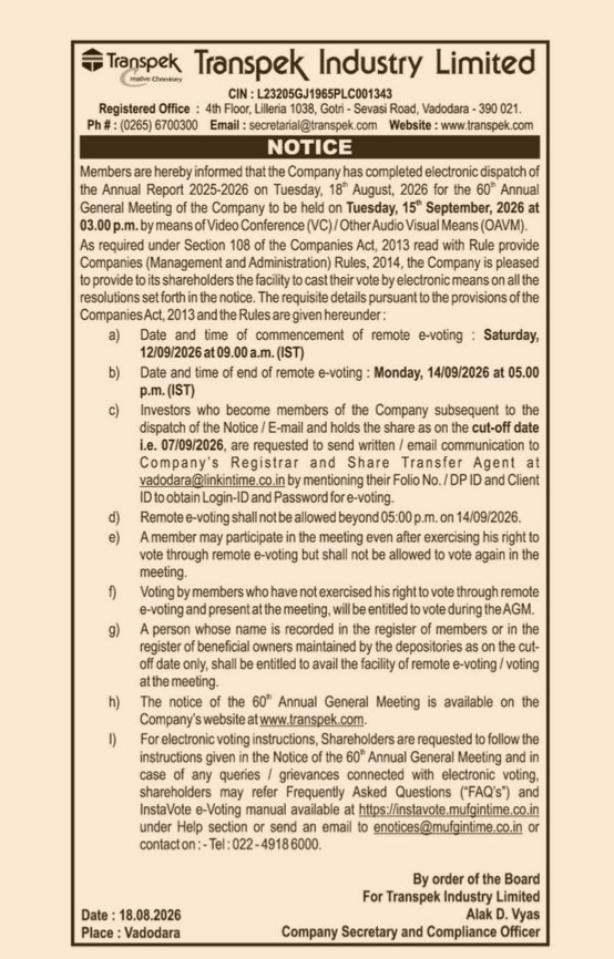 Transpek Industry Limited Notice of 60th AGM and Remote E-Voting