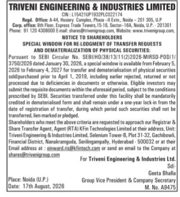 Triveni Engineering & Industries Limited Shareholder Notice on Physical Securities Re-lodgement and Dematerialization