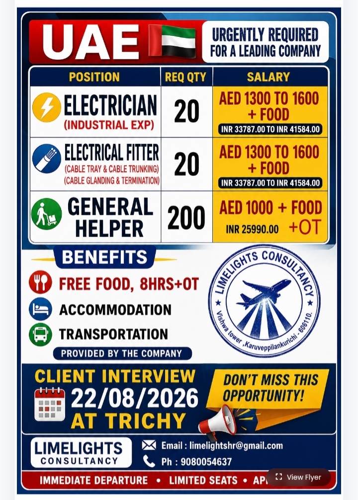 UAE Job Vacancies 2026: Electricians, Fitters & Helpers Wanted
