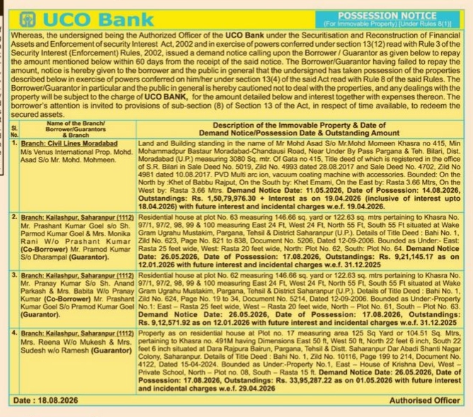 UCO Bank Public Possession Notice for Immovable Properties (August 2026)
