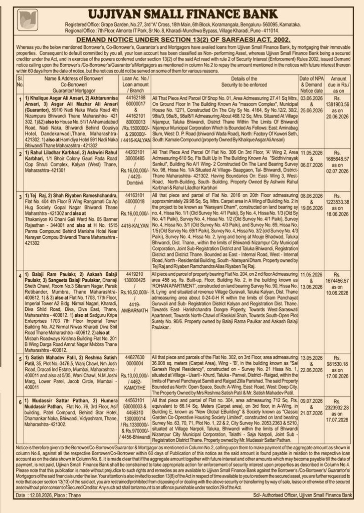 Ujjivan Small Finance Bank – Demand Notice Under Section 13(2) of SARFAESI Act, 2002