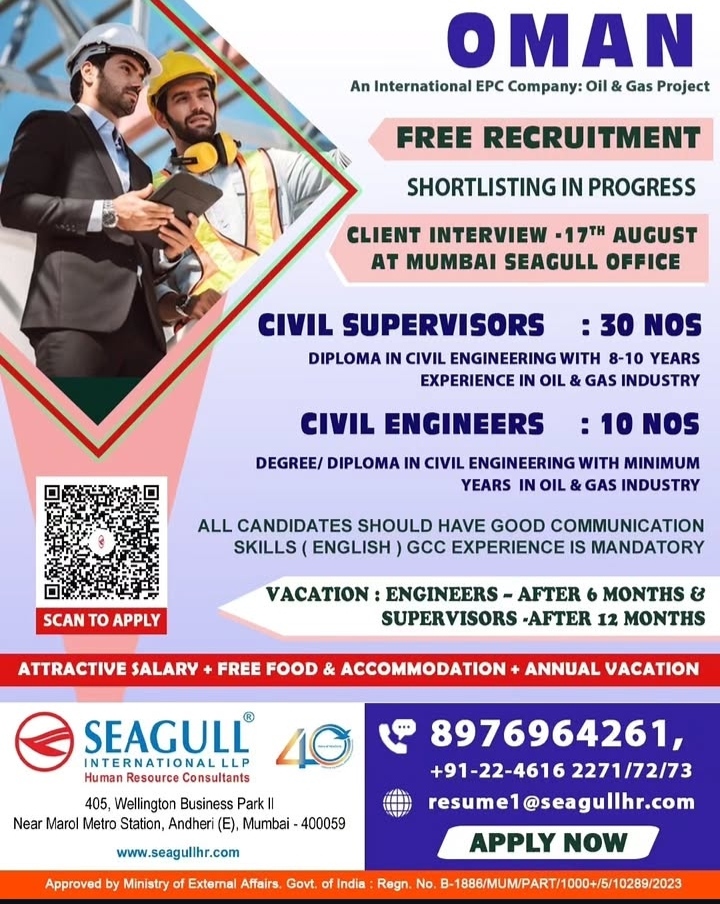 Urgent Hiring: Civil Engineers & Supervisors for Oman (Free Recruitment)