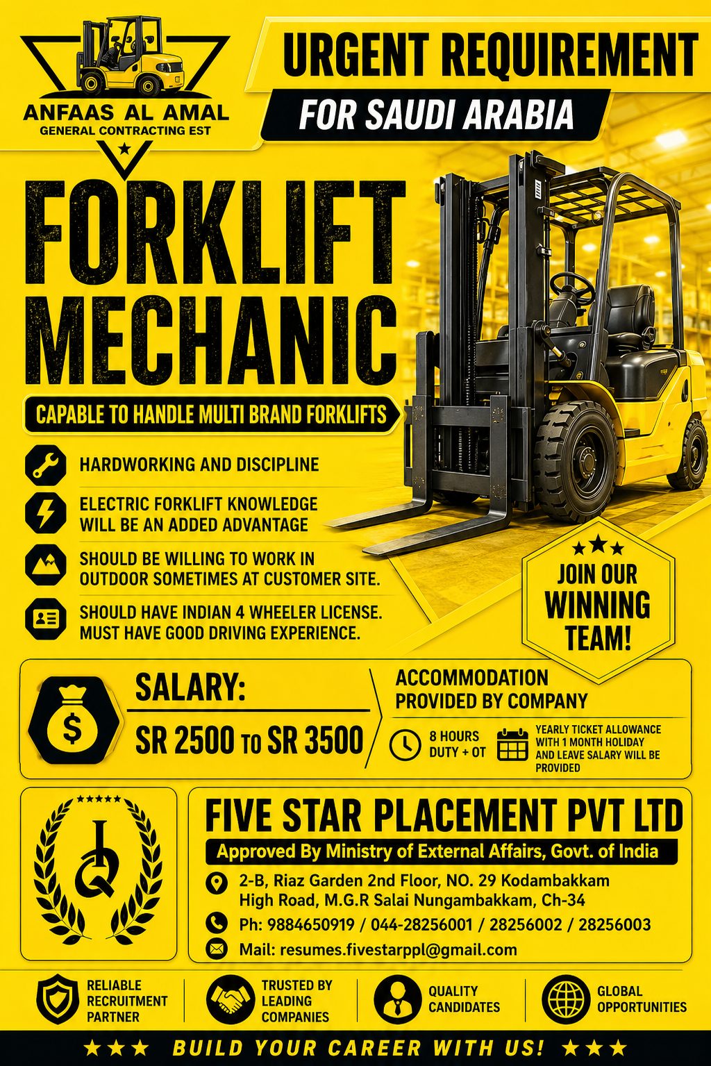 URGENT HIRING FOR SAUDI ARBIA