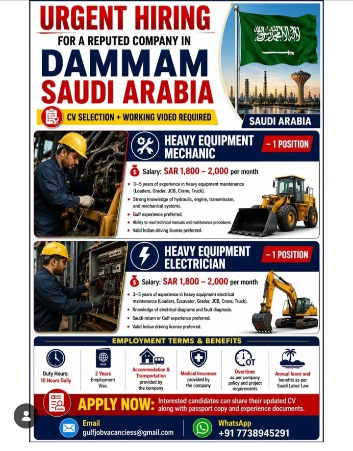 Urgent Hiring: Heavy Equipment Mechanic & Electrician – Saudi Arabia