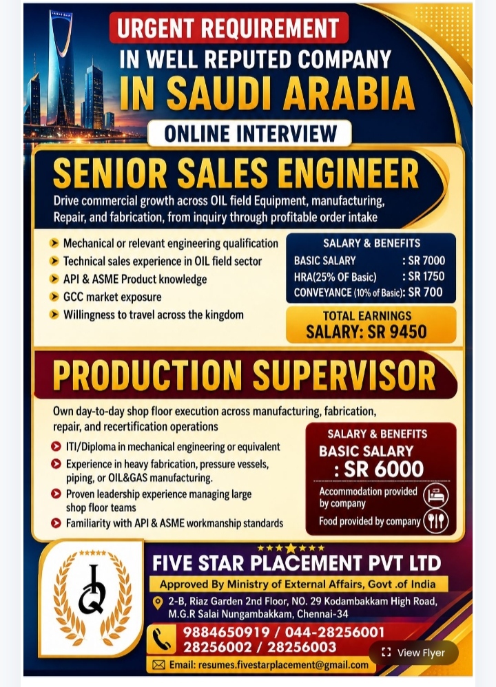 Urgent Job Openings: Senior Sales Engineer & Production Supervisor (Saudi Arabia)