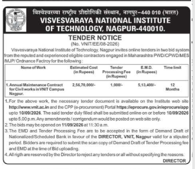 Visvesvaraya National Institute of Technology (VNIT) Nagpur Tender Notice for Annual Maintenance Civil Works (2026)