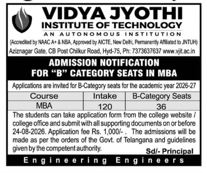 VJIT MBA B-Category Admission Notification 2026-27