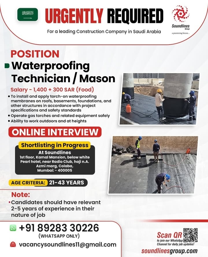 Waterproofing Technician Recruitment (Saudi Arabia)