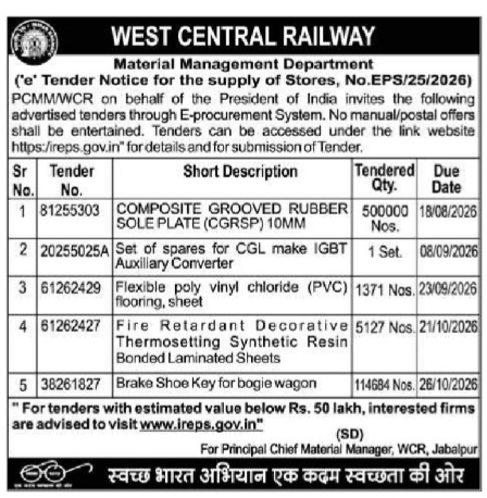 West Central Railway E-Tender Notice (No. EPS/25/2026)