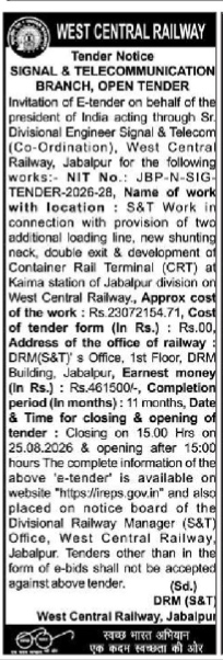 West Central Railway Jabalpur S&T Tender Notice