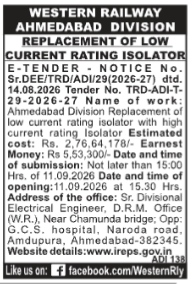 Western Railway Ahmedabad Division E-Tender Notice for Replacement of Low Current Rating Isolator