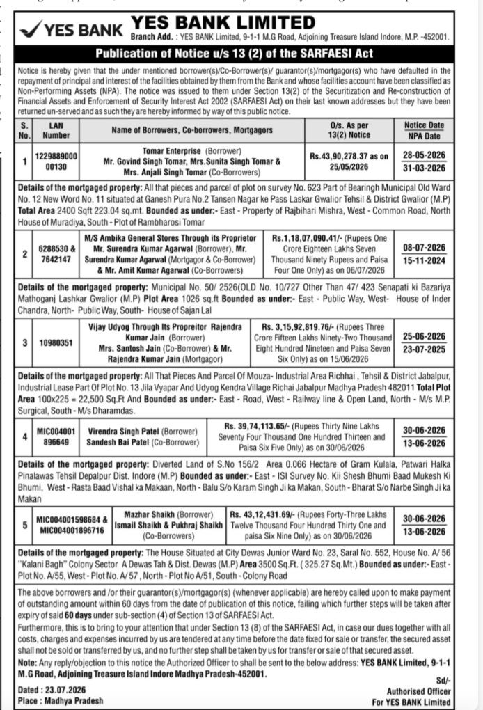 YES BANK LIMITED SARFAESI Act Section 13(2) Public Notice