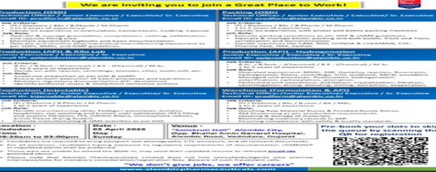 Alembic Pharmaceutical Walk in Drive in Vadodara April 2026