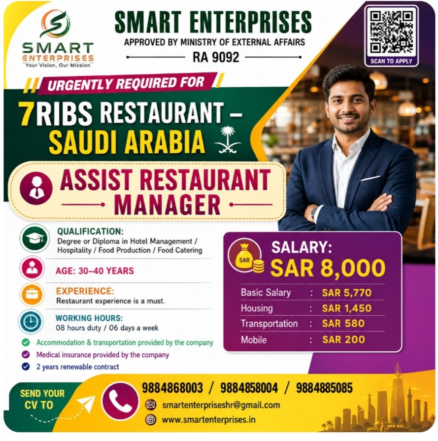ASSIST RESTAURANT MANAGER Hiring for saudi Arabia