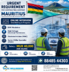 BIM Modelers, High Voltage Electrical Technicians, Electrotechnicians, Senior Chiller Specialist Mauritius