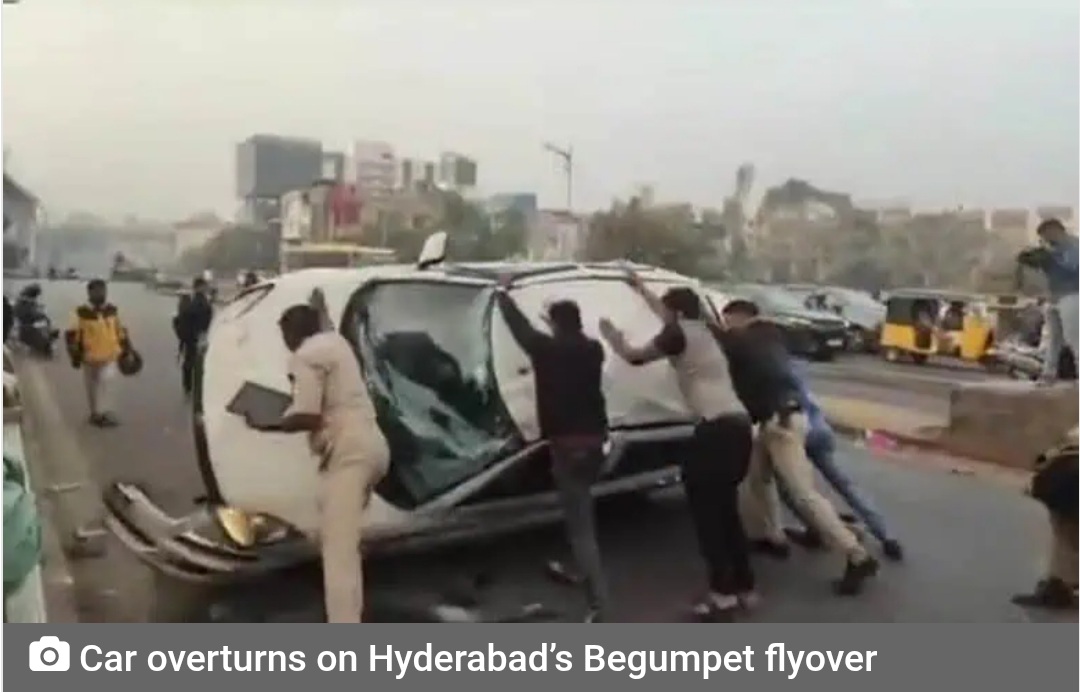 Car overturns on Hyderabad’s Begumpet flyover