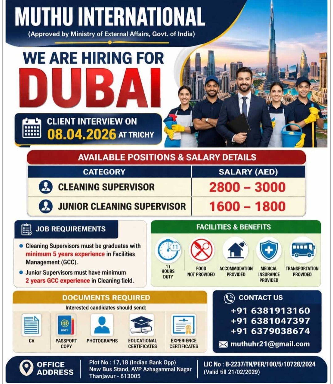 CLEANING SUPER VISOR AND JUNIOR CLEANING SUPERVISOR REQUIRED AT DUBAI