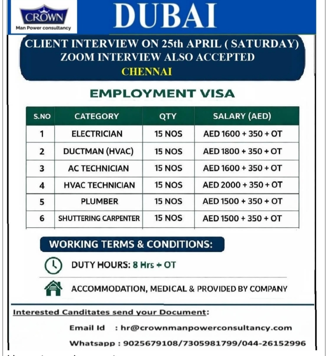 CROWN MAN POWER CONSULTANCY IS HIRING FOR DUBAI