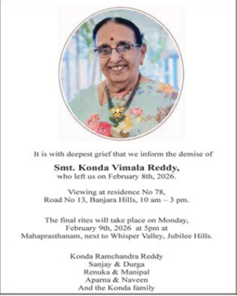 Demise Of Smt konda Vimala Reddy