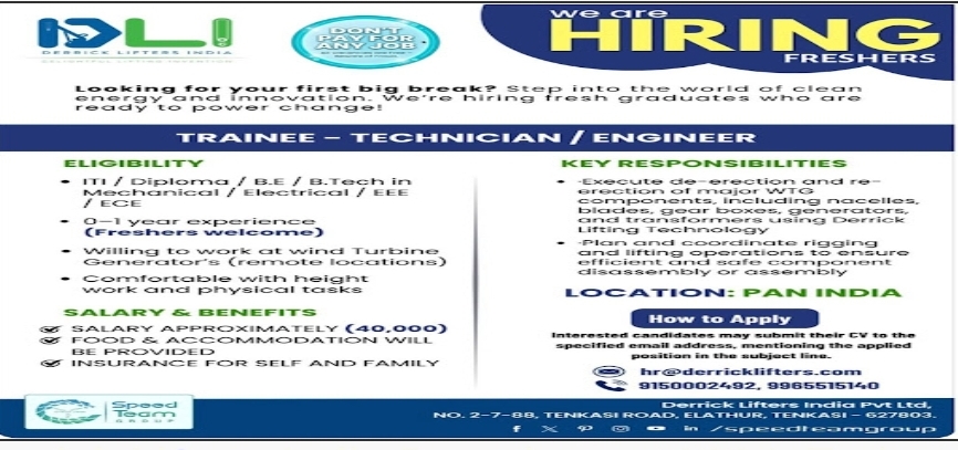 Derrick Lifters India Recruitment 2026 : Trainee,technician  and Engineer Jobs