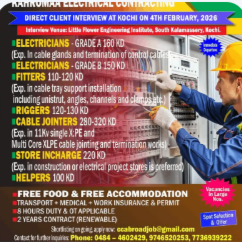 Direct Client Interview at Kochi on 4th February, 2026 for Kahromaa Electrical Contracting, Kuwait