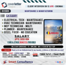 Direct client interview happening in Chennai on April 13 for Romania jobs in maintenance & manufacturing sector.