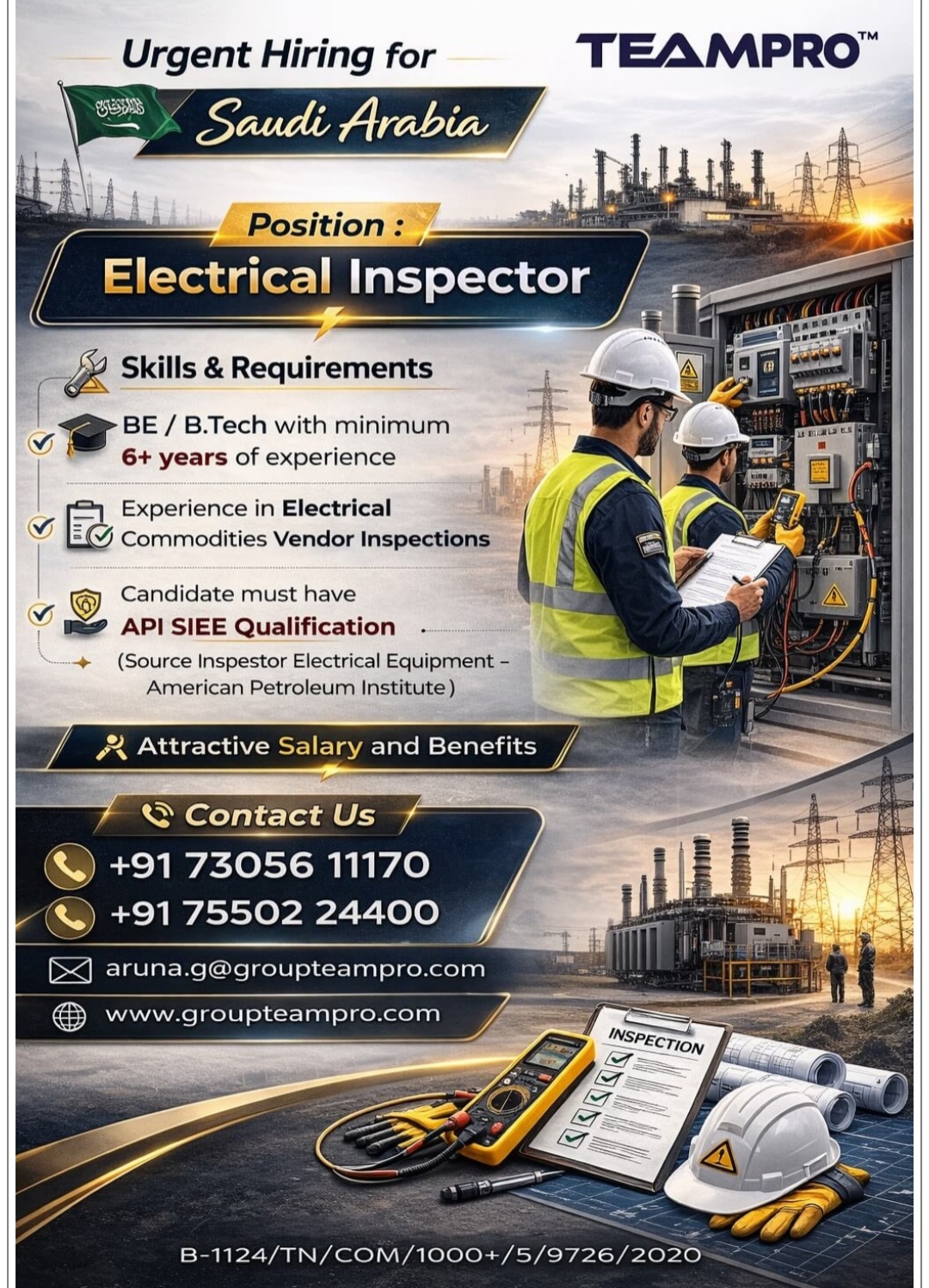 ELECTRICAL INSPECTOR REQUIRED AT SAUDI ARABIA