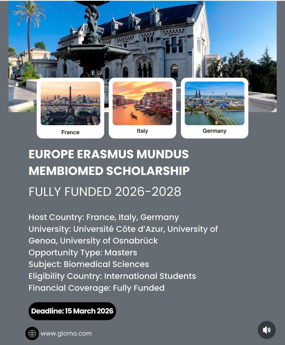 EUROPE ERASMUS MUNDUS MEMBIOMED SCHOLARSHIP