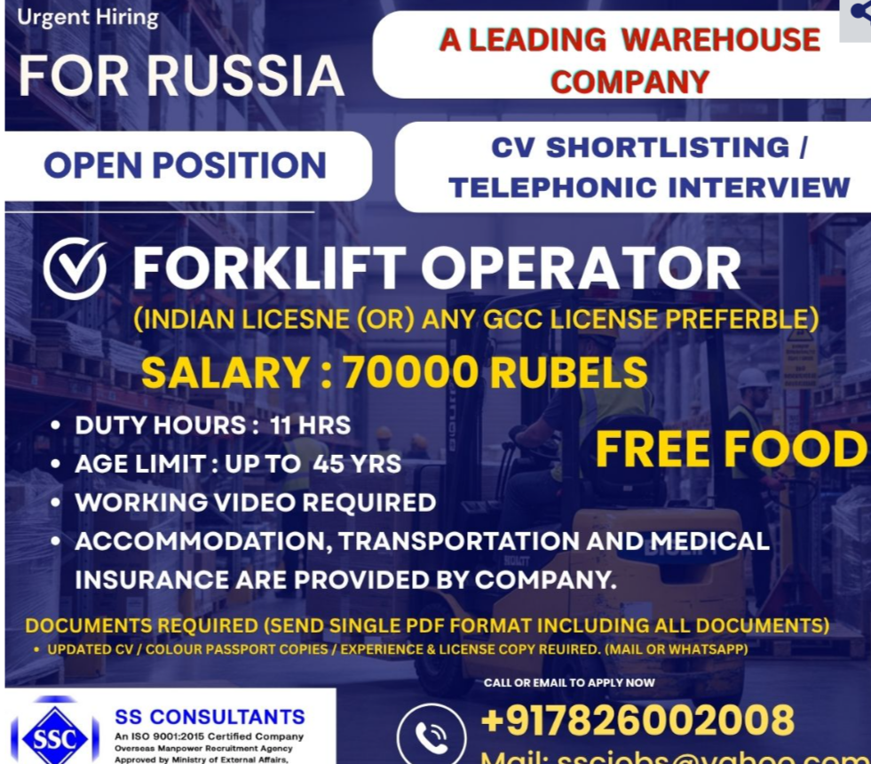 Forklift Operator - Warehouse Company in Russia (Urgent Hiring) Location: Russia