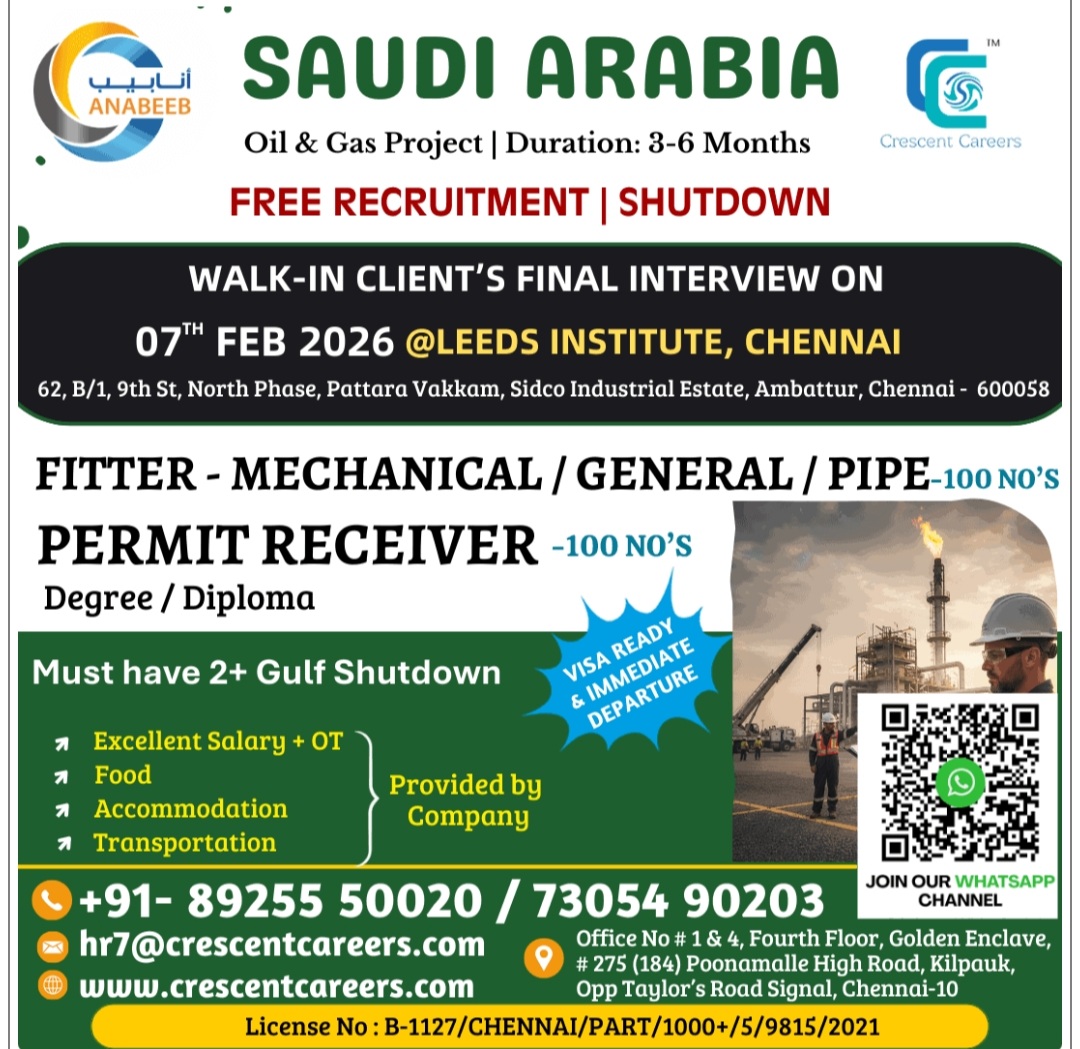 FREE RECRUITMENT FOR FITTER ,MECHANICAL ,PIPE ,GENERAL  ,PERMIT RECIEVER
