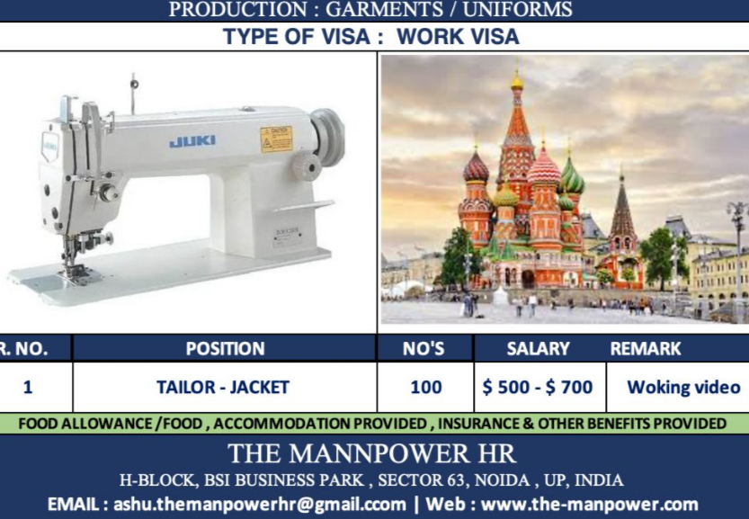 Garments jobs in russia for Indian - Garments/Uniform