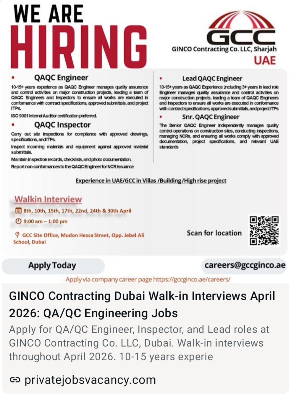 GINCO CONTRACTING LLC IS HIRING FOR SHARJAH