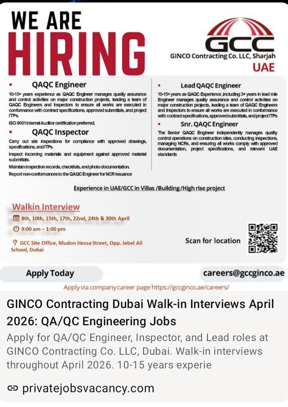 GINCO CONTRACTING LLC (SHARJAH) UAE is hiring