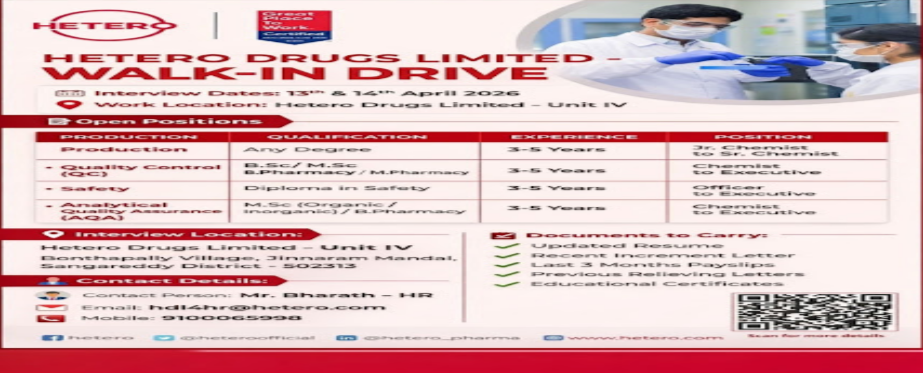 Hetero Drugs Walk in Drive 2026 : jr.Chemist to Executive roles