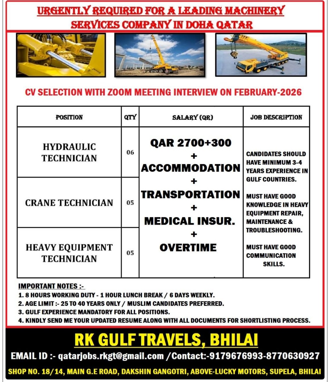 HIRING FOR A LEADING CRANE OPERATION COMPANY - DOHA (QATAR)