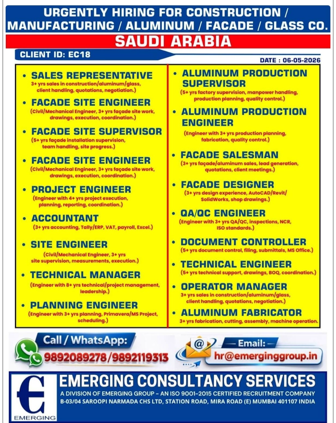 HIRING FOR CONSTRUCTION MANUFACTURING Co SAUDI ARABIA