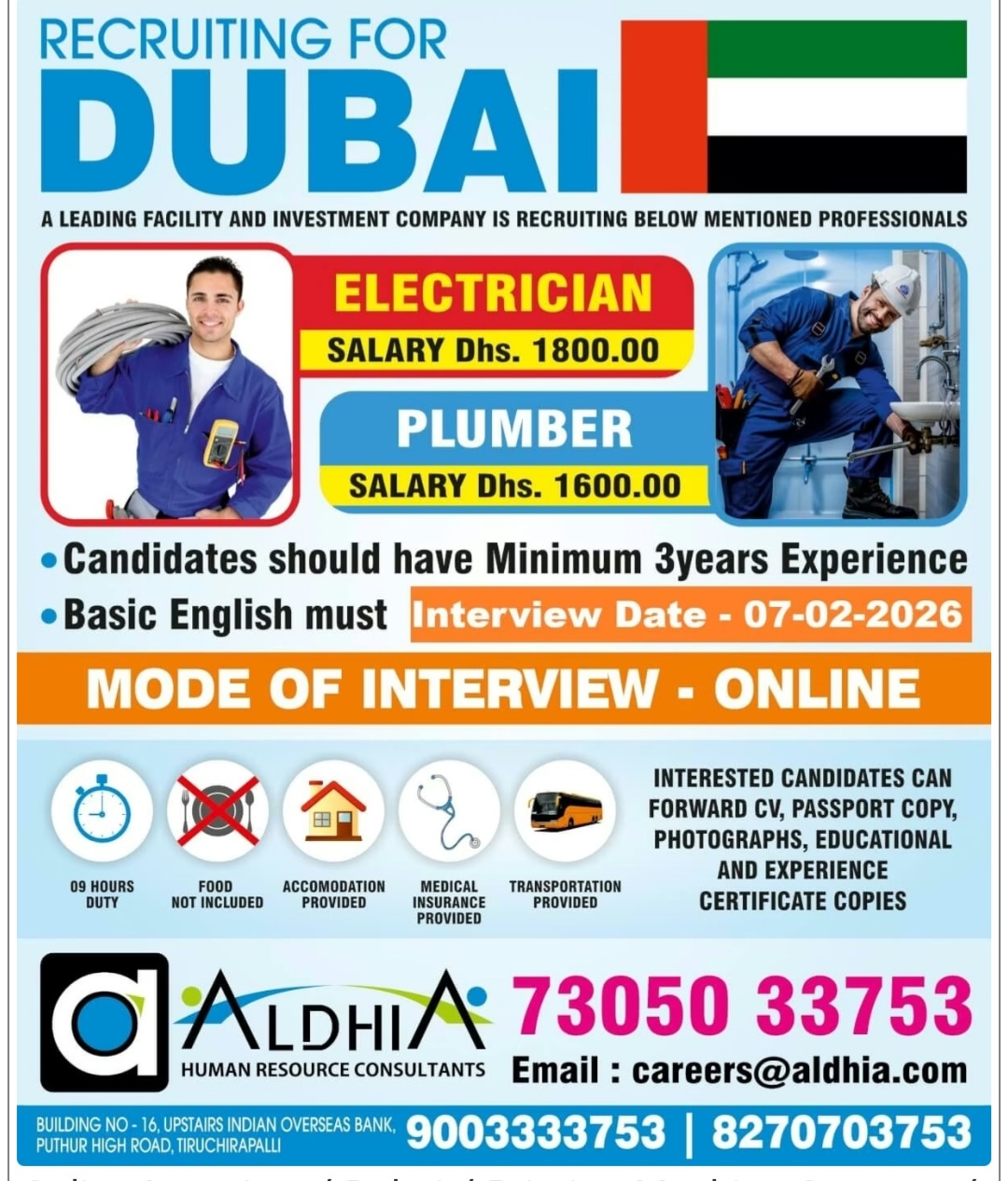 Hiring for Electrician and Plumber in Dubai