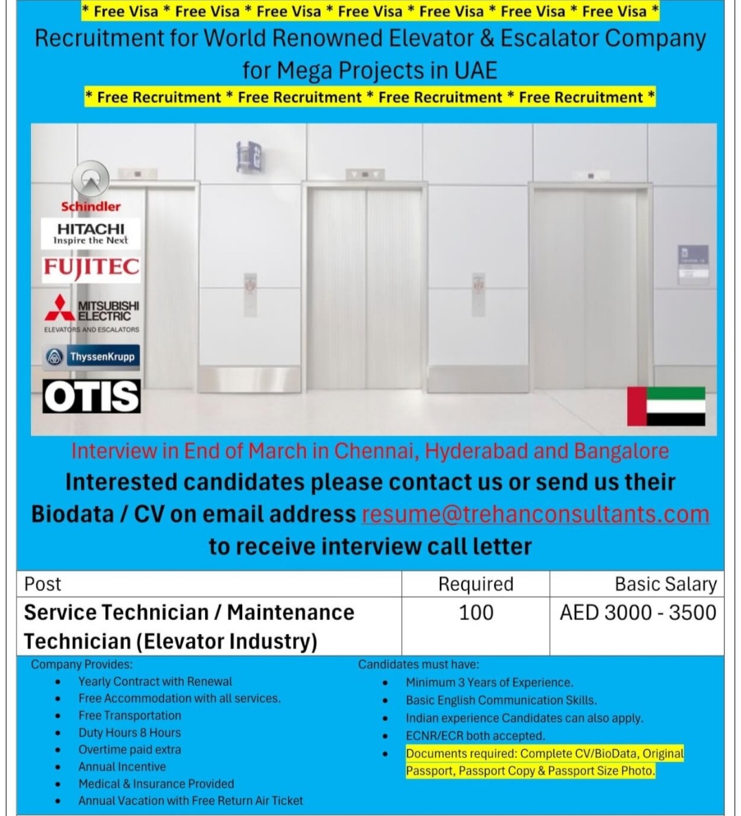 HIRING FOR MEGA PROJECTS FOR WORLD REWONED ELEVATOR& ESCALATOR COMPANY