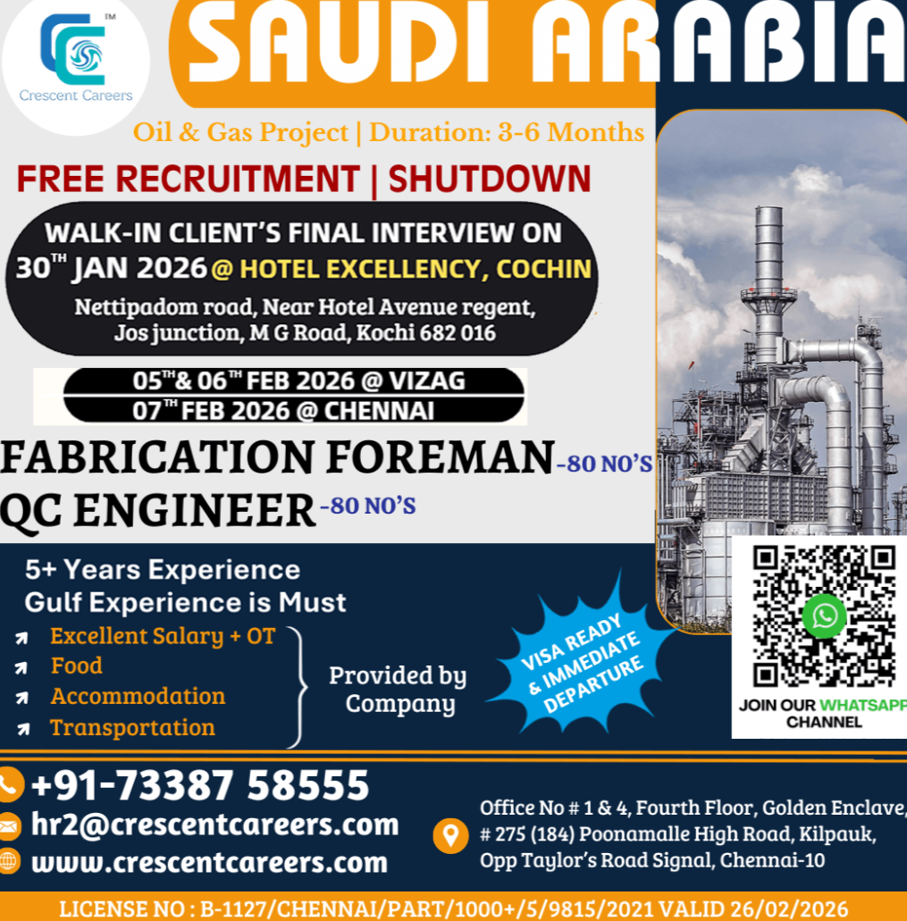 Hiring for Oil & Gas Project at SAUDI ARABIA